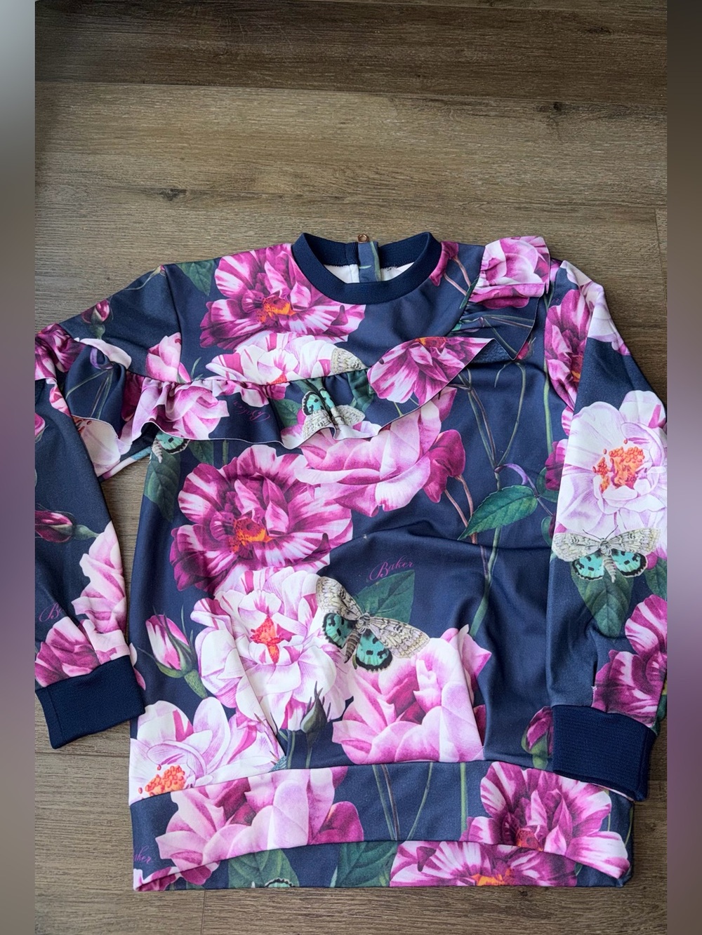 Ted baker Floral Ruffle Long-Sleeve Top in Navy and Pink